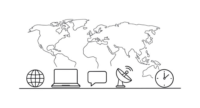Global communication and digital connectivity enabling collaboration across countries and time zones in a modern online environment, a simplified world map outline, a laptop, a