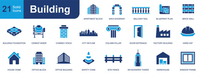 Building icon set. Containing apartment block, arch doorway, brick wall, chimney, skyline, hard hat, house, office, warehouse, window and more. Solid fill vector icons for architecture. © Maya