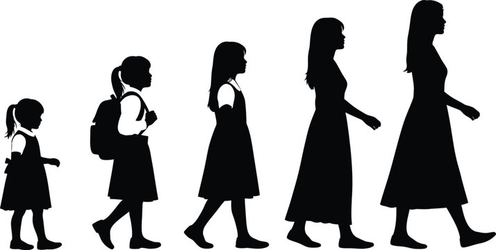 Silhouette of a girl growing up in stages