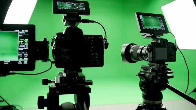 Professional video cameras set up for chroma key green screen production