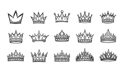 Hand drawn sketch crown vector set simple graffiti king queen tiara doodle style royal symbols isolated on white © Sabbir