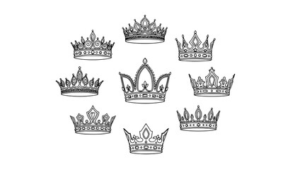 Elegant royal crown sketch vector set king and queen tiaras circular layout hand drawn imperial symbols isolated on white © Sabbir
