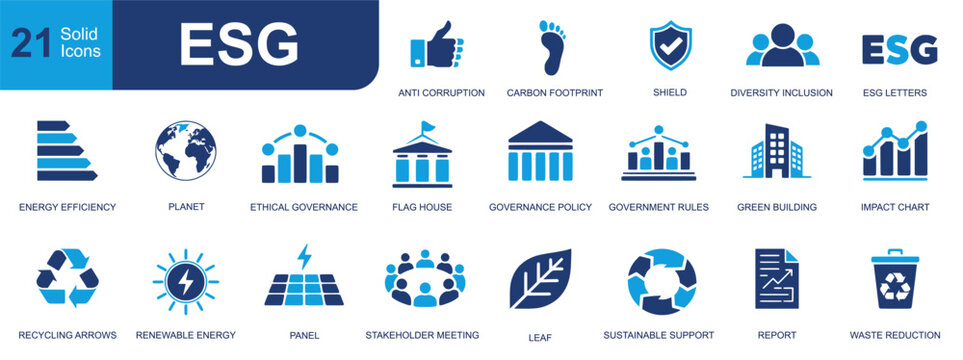 ESG icon set. Containing anti corruption, footprint, diversity, governance, recycling, renewable energy, report, green building, impact chart and more. Solid fill vector icons collection.