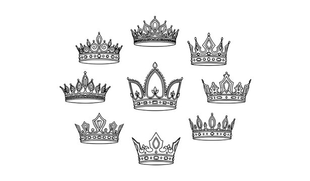 Elegant royal crown sketch vector set king and queen tiaras circular layout hand drawn imperial symbols isolated on white