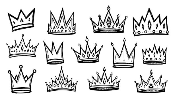 Graffiti crown sketch vector set hand drawn king queen tiara icons trendy doodle royal symbols isolated on white