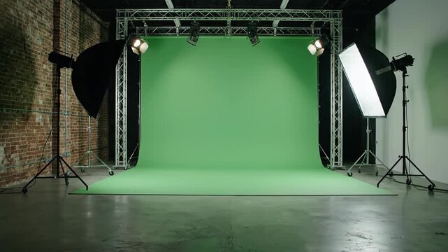 Professional photography studio with green screen for chroma keying production