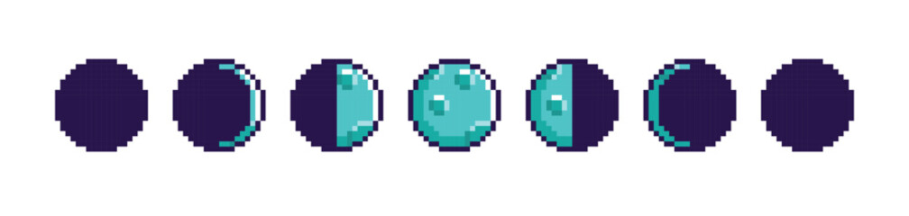 Fototapeta premium Pixel art moon phases vector set, turquoise lunar cycle icons with craters for game UI and digital design 