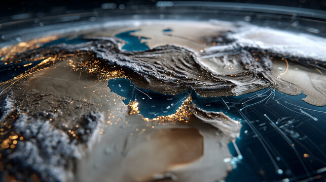 3D digital illustration depicting the Strait of Hormuz integrated into a rotating Middle East globe, with illuminated maritime routes, highlighted Qeshm Island, and detailed shorel