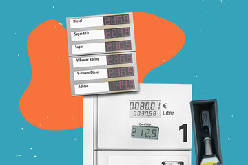 Flat design art. High fuel prices at the self-service petrol station in Europe.