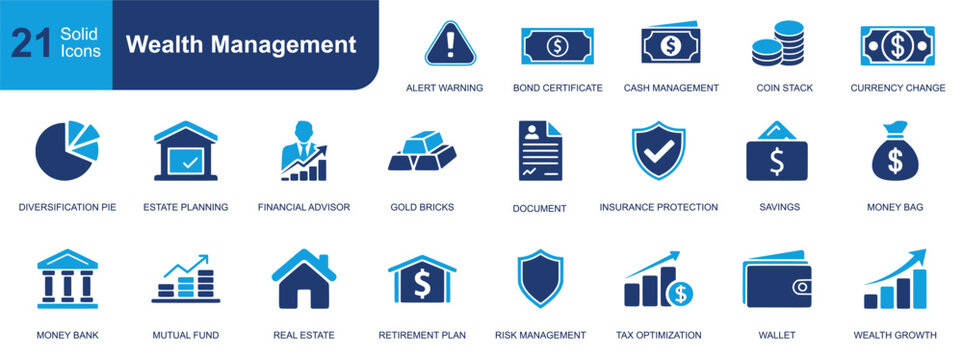 Wealth management icon set. Containing financial advisor, estate planning, savings, wallet, mutual fund, tax optimization, retirement plan and more. Solid fill vector icons collection.