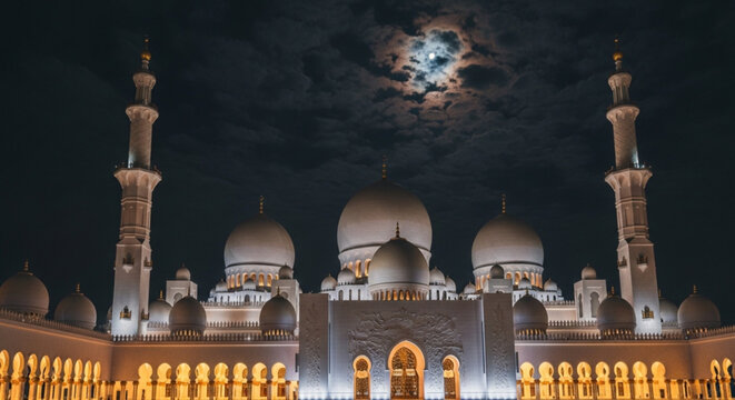 Sheikh zayed grand mosque at night with illuminated domes and minarets under a full moon