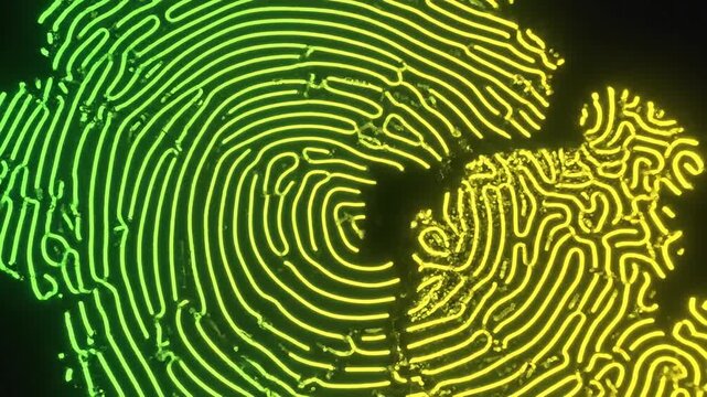 Abstract close up of a glowing digital fingerprint pattern forming on a dark background