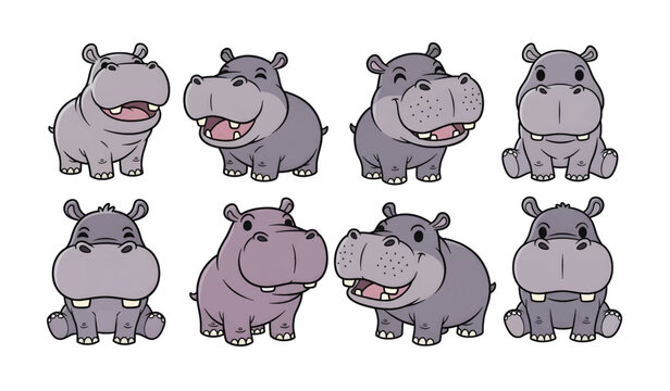 Collection of cartoon hippos smiling faces.