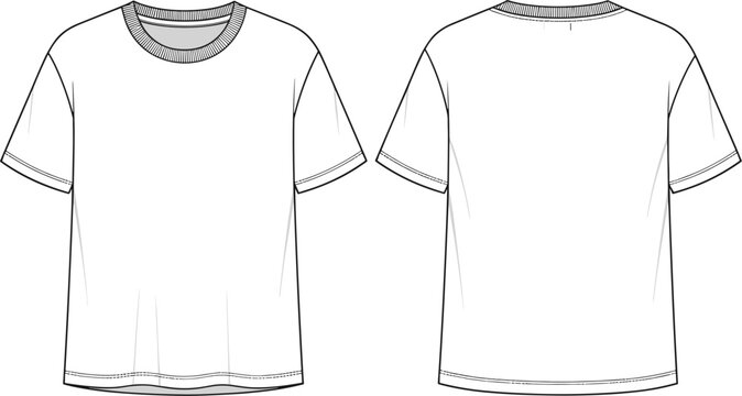 Blank white ringer t-shirt technical fashion flat sketch with contrast neck and short sleeves showing front and back views for apparel mockup vector.