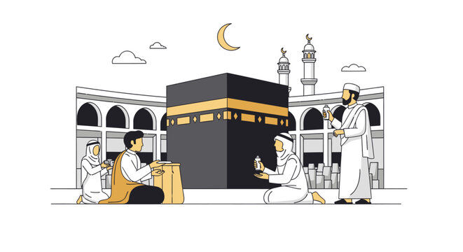 Minimalist flat vector illustration of Muslim pilgrims in white Ihram clothing performing Hajj at the Holy Kaaba in Mecca, Saudi Arabia, with Masjid al-Haram minarets and crescent moon.