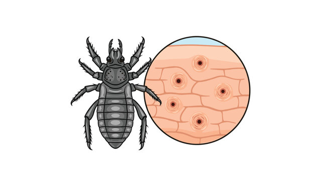 Human louse parasite shown next to a microscopic skin view with visible bite marks and inflamed circular puncture wounds.