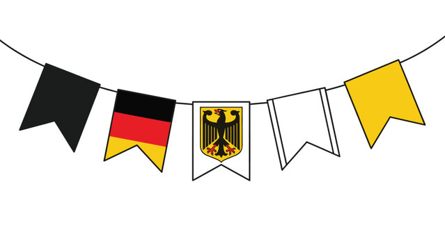 Festive German flag bunting on a line featuring pennants in national colors of black red and gold with eagle emblems.