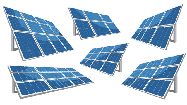 Multiple blue solar panels arranged at various angles on a white background to capture energy from the sun.