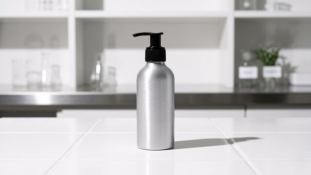 Blank silver aluminum pump bottle mockup in modern white bathroom
