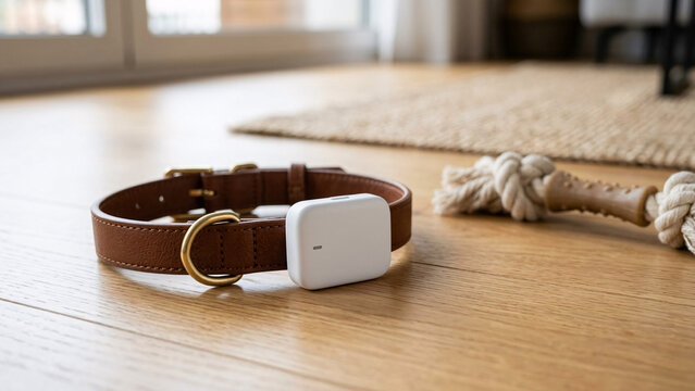 Blank white pet GPS tracker mockup on leather dog collar