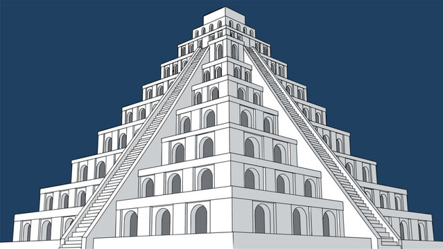 Ancient architectural structure of massive step pyramid or ziggurat with numerous stairs and arched entrances under dark blue sky.