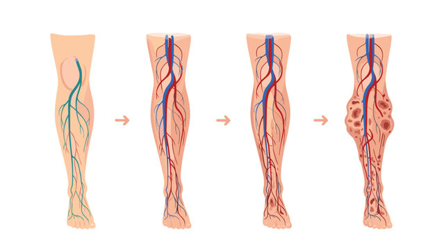 Medical diagram showing the progressive stages of varicose veins and venous insufficiency in the lower leg over time.