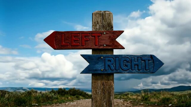 Rustic signpost with 'LEFT' and 'RIGHT' arrows on a rural path, symbolizing choice under a dramatic sky.