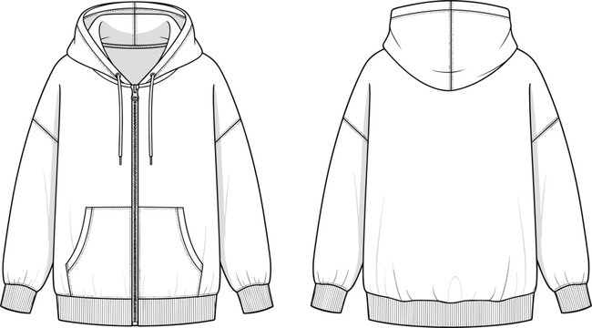 Blank oversized zip up hoodie technical flat sketch template vector with front and back views for fashion tech packs.