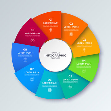 Vector infographic circle with nine steps, parts. Cycle diagram with 9 options. Round chart that can be used for report, analytics, data visualization and presentation.