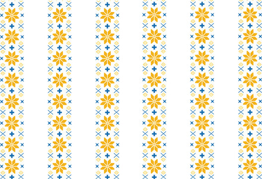 Traditional Ukrainian folk embroidery pattern featuring yellow flowers and blue geometric symbols on white background.