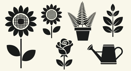 A collection of various plants and gardening tools in a simple black and white illustration © Mohammad