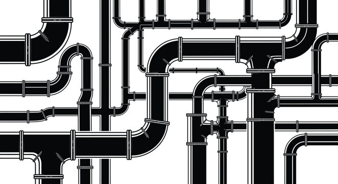 Black and white industrial pipe network illustration, featuring complex plumbing systems, water infrastructure, interconnected tubes, and engineering drainage lines for background.