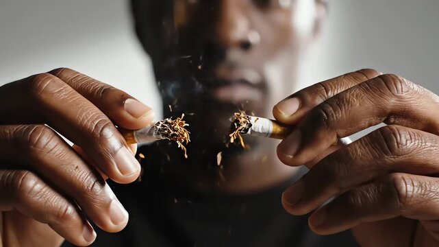 Stop smoking determination scene with person breaking cigarette in hands for world no tobacco day awareness campaign showing strong will power and healthy life choice animation motion video footage