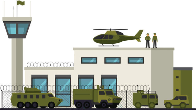 Military base illustration featuring armored vehicles helicopter control tower and soldiers behind a barbed wire fence.
