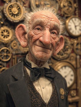 Smiling eccentric old man with large features and gears