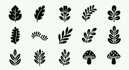 Obraz premium A collection of various types of leaves and ferns in black and white illustration
