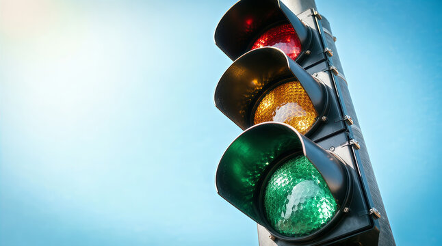 A traffic light stands tall against a clear blue sky with the green light illuminated