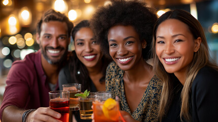 Obraz premium Group of friends cheering and celebrating at a bar with drinks raised, nightlife lifestyle, social celebration, diverse group, defocused bar background, with copy space
