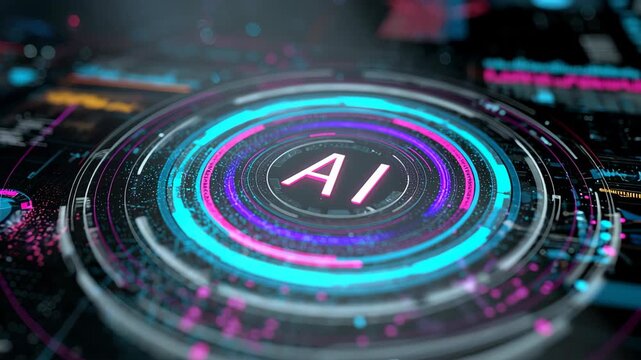 Futuristic Digital Interface with Glowing Circular Data Visualization Elements in Blue and Pink Highlighting AI Technology