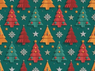 Obraz premium Seamless pattern featuring stylized paper cutout christmas trees and snowflakes on green background