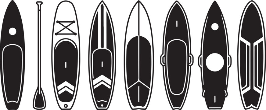Diverse collection of stand-up paddle boards and kayaks Vector