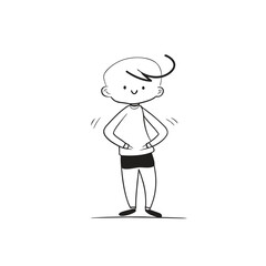 Obraz premium A cartoon boy with a puzzled expression standing with hands on hips