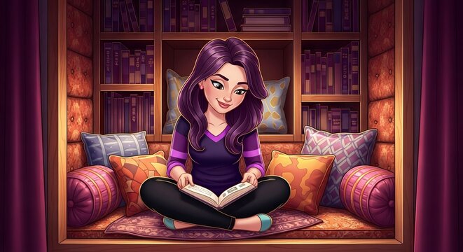 Young woman reading book in cozy nook surrounded by pillows  