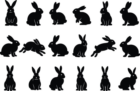 A collection of black silhouette rabbits displayed in various poses including sitting hopping and alert stances showcases their graceful forms