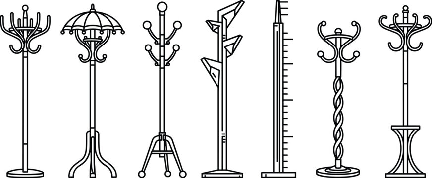 Coat rack icon set vector illustration, standing clothes hanger collection in various styles, furniture outline sketches, interior design elements isolated