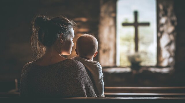 A mother holding her baby while sitting inside a church.