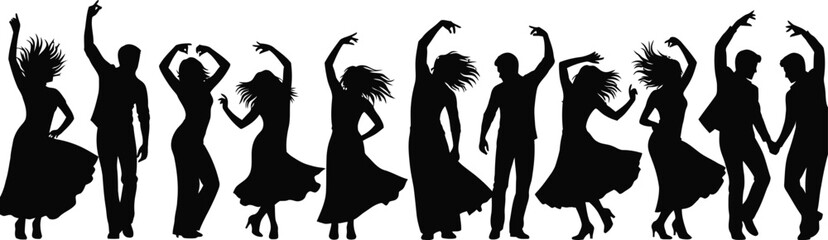 a striking silhouette depiction of a lively flamenco dance performance with multiple figures in dynamic poses showcasing spanish culture high quality © GK390