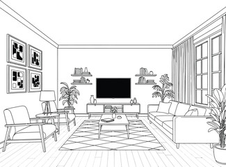 Fototapeta premium a detailed line drawing showcases a modern living room interior with furniture plants and framed artwork on the walls high quality