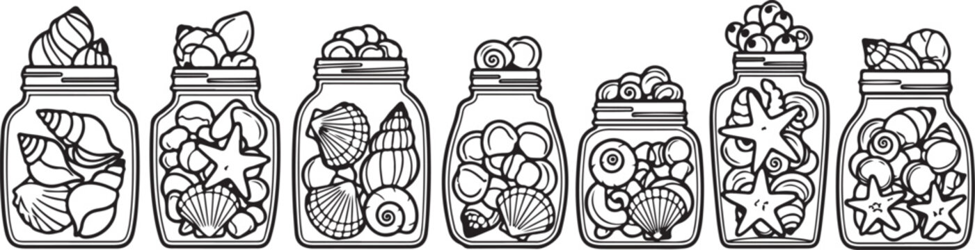 Six jars filled with a variety of seashells and other ocean treasures Vector