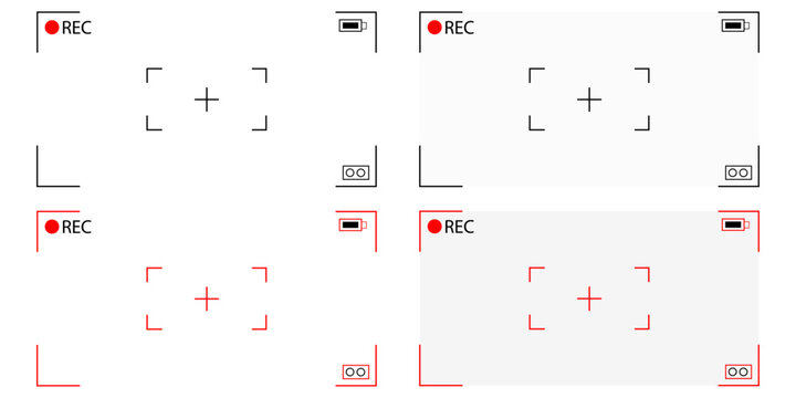 Set of 4 video recording screen frame vector icons with REC indicator and focus crosshairs in black and red for UI/UX design.
